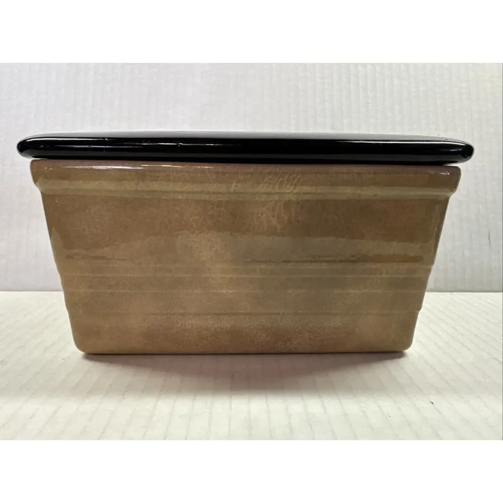 Antique Gem Clay Pottery Covered Dish trinket box black & tan neutral minimalist